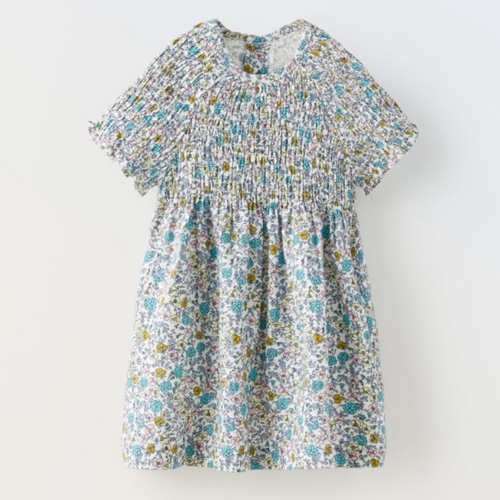 Zara White Floral Smocked Dress with Pink, Blue & Yellow Flowers